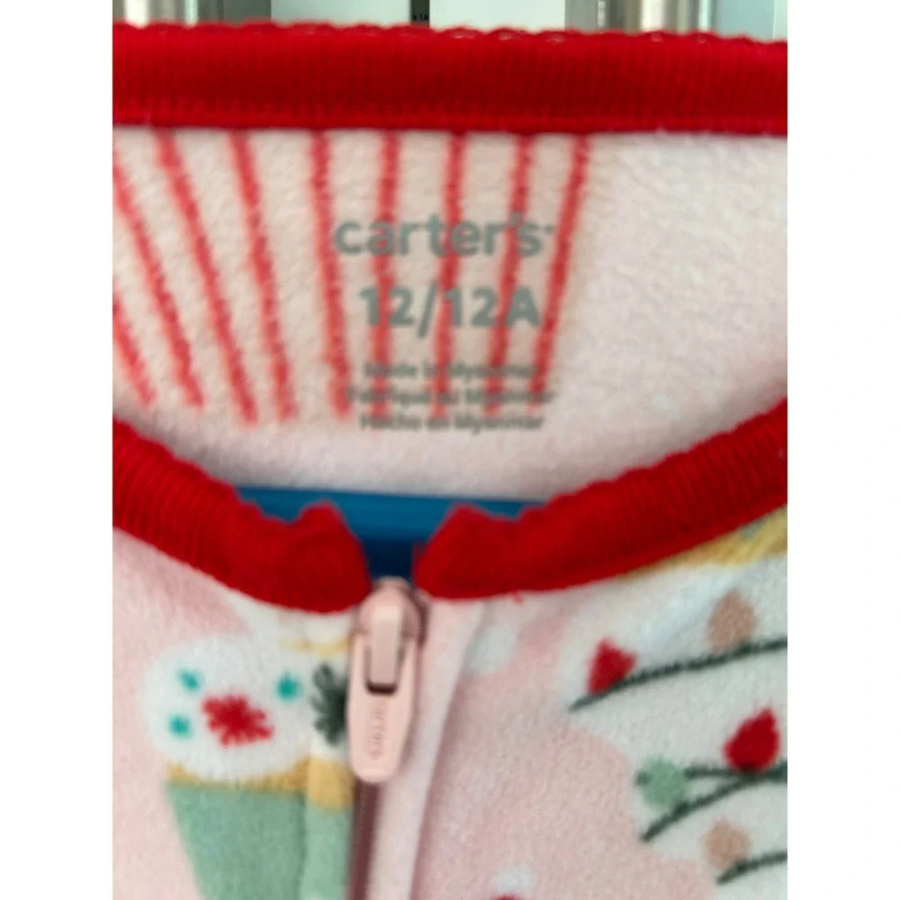 Carters Christmas hot chocolate Footed Pajamas One Piece Zip Up Pink Red 12/12A - Picture 2 of 2